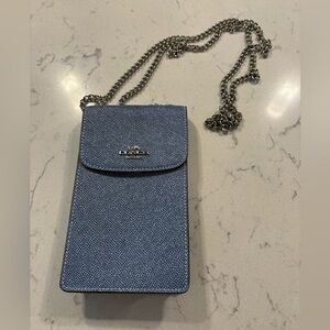 Coach North South Phone Crossbody Textured Blue Leather
